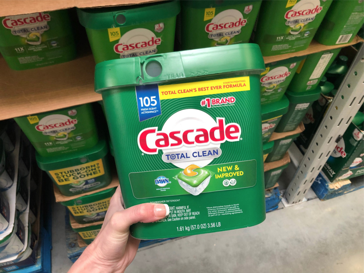 Cascade total clean container held in hand at Sam's Club