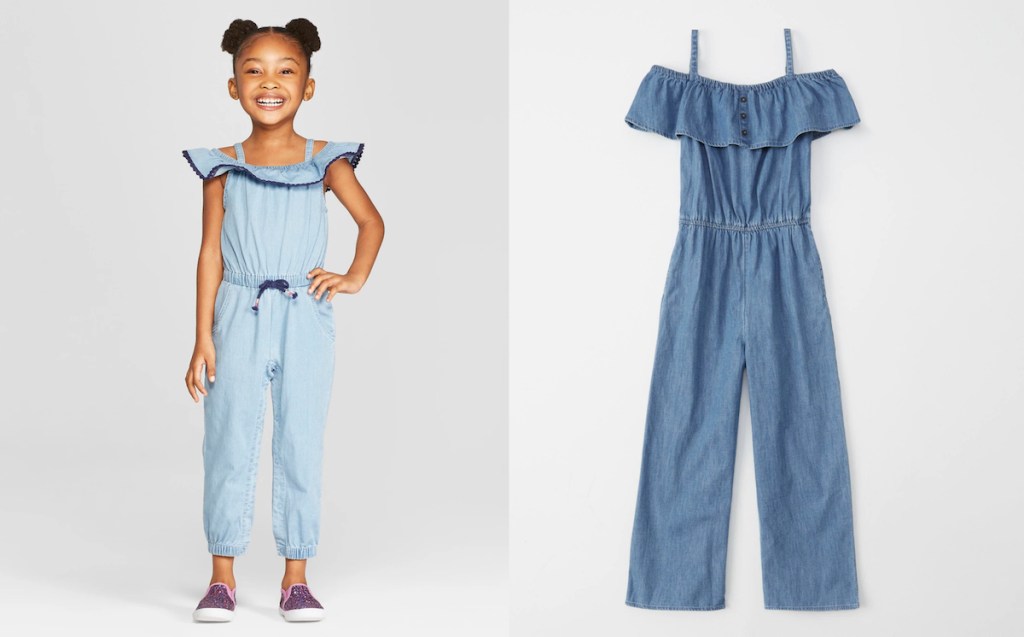 girl wearing a light wash chambray denim romper next to medium wash denim romper