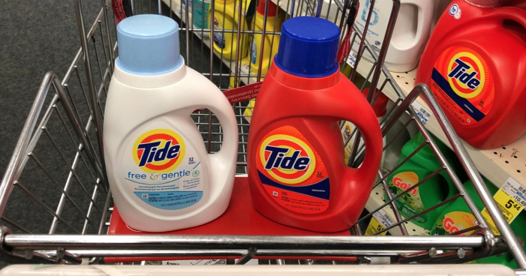 two bottles of Tide detergent in a CVS cart