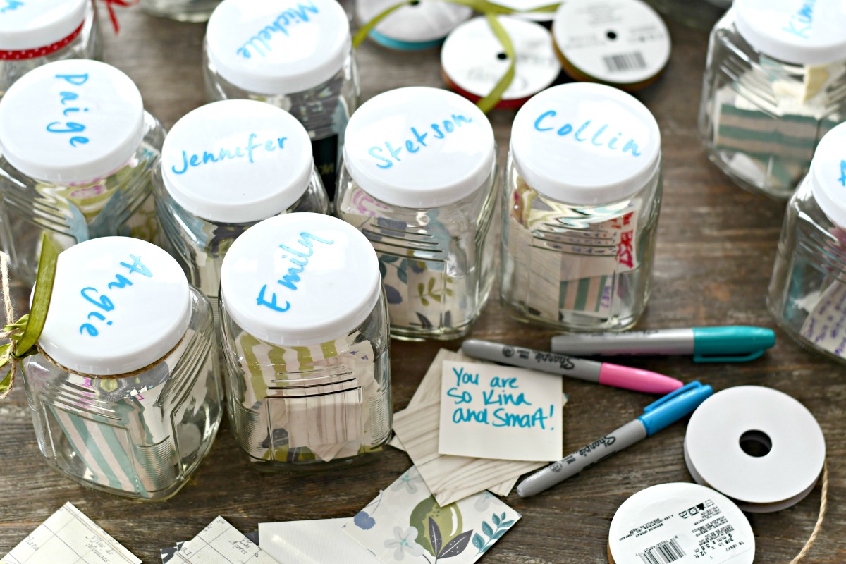 diy kindness jars with team member names on them