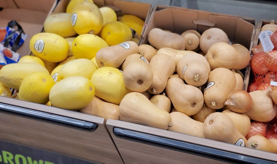 piles of yellow spaghetti squash and butternut squash