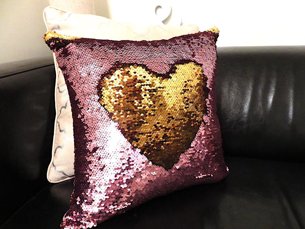 sequin pillow with heart 