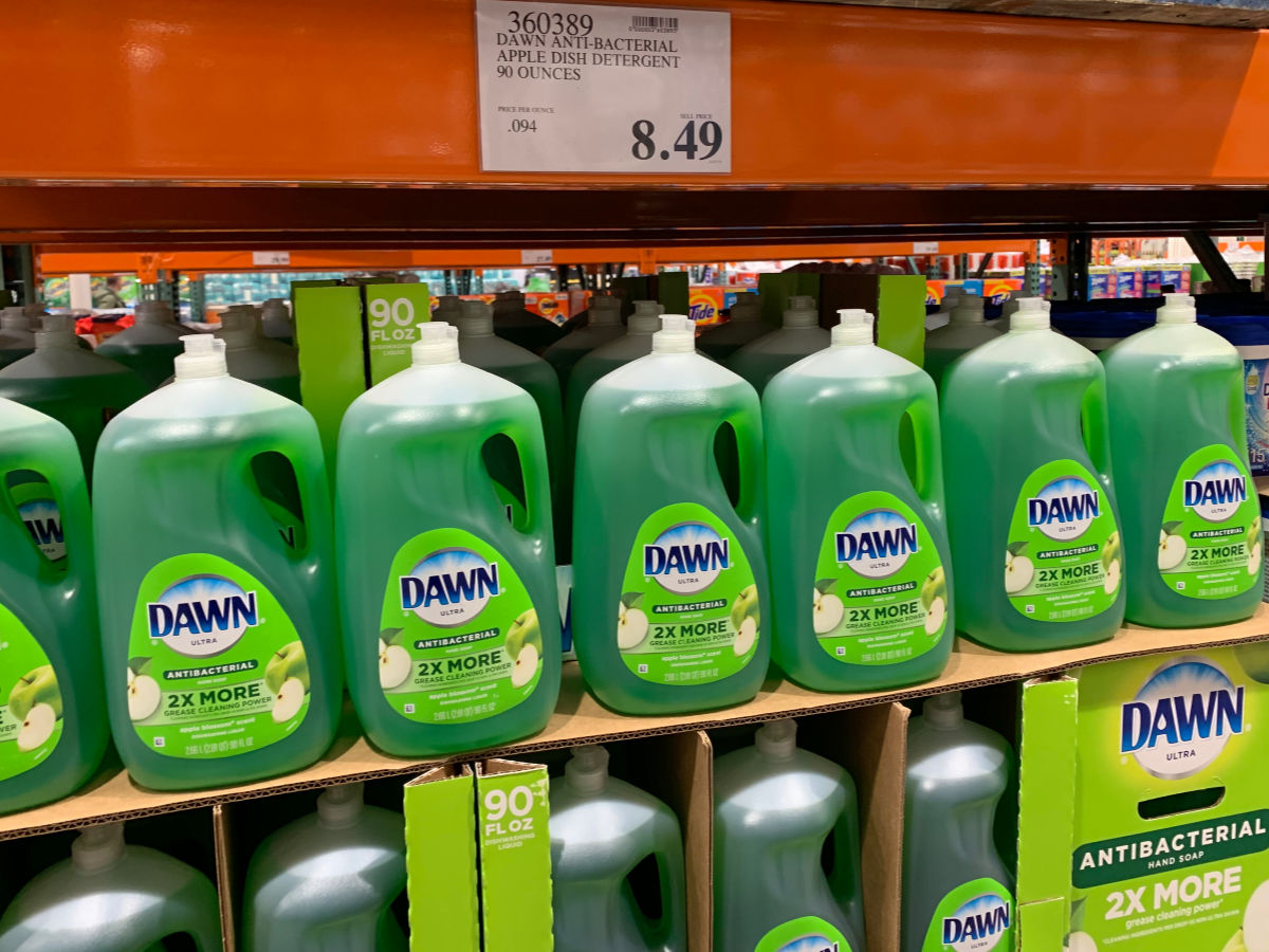 a shelf of dawn anti-bacterial dish soap in apple blossom scent at Costco
