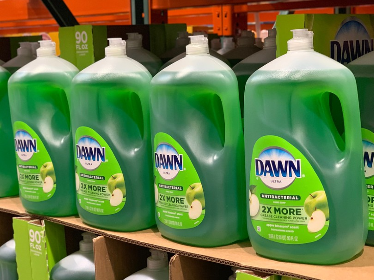 Dawn Antibacterial dish soap four 90 ounce bottles stacked at Costco