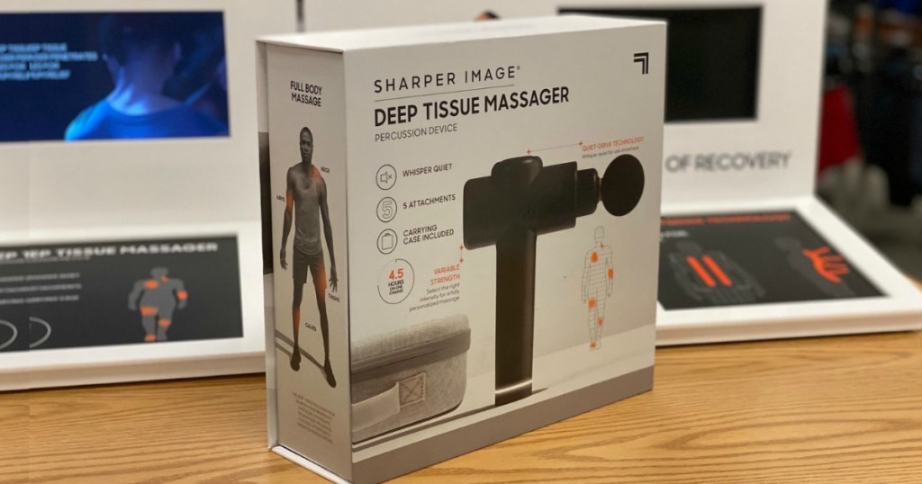 Deep Tissue Massager made by Sharper Image on counter