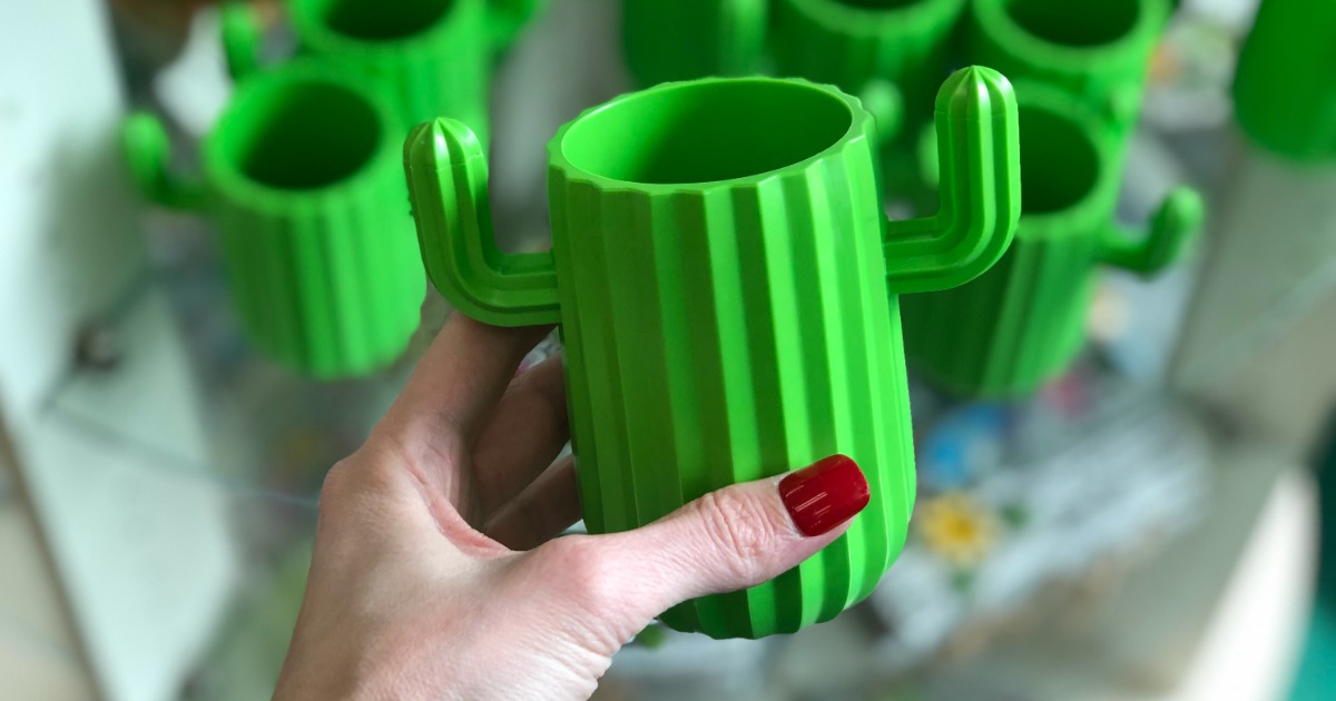 a bright green cactus cup at Dollar Tree