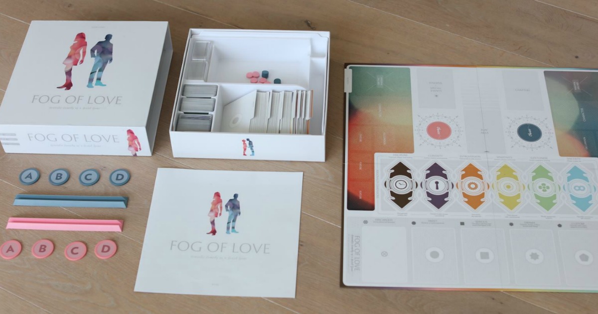 Fog of love board game with all contents out of the box and organized on table