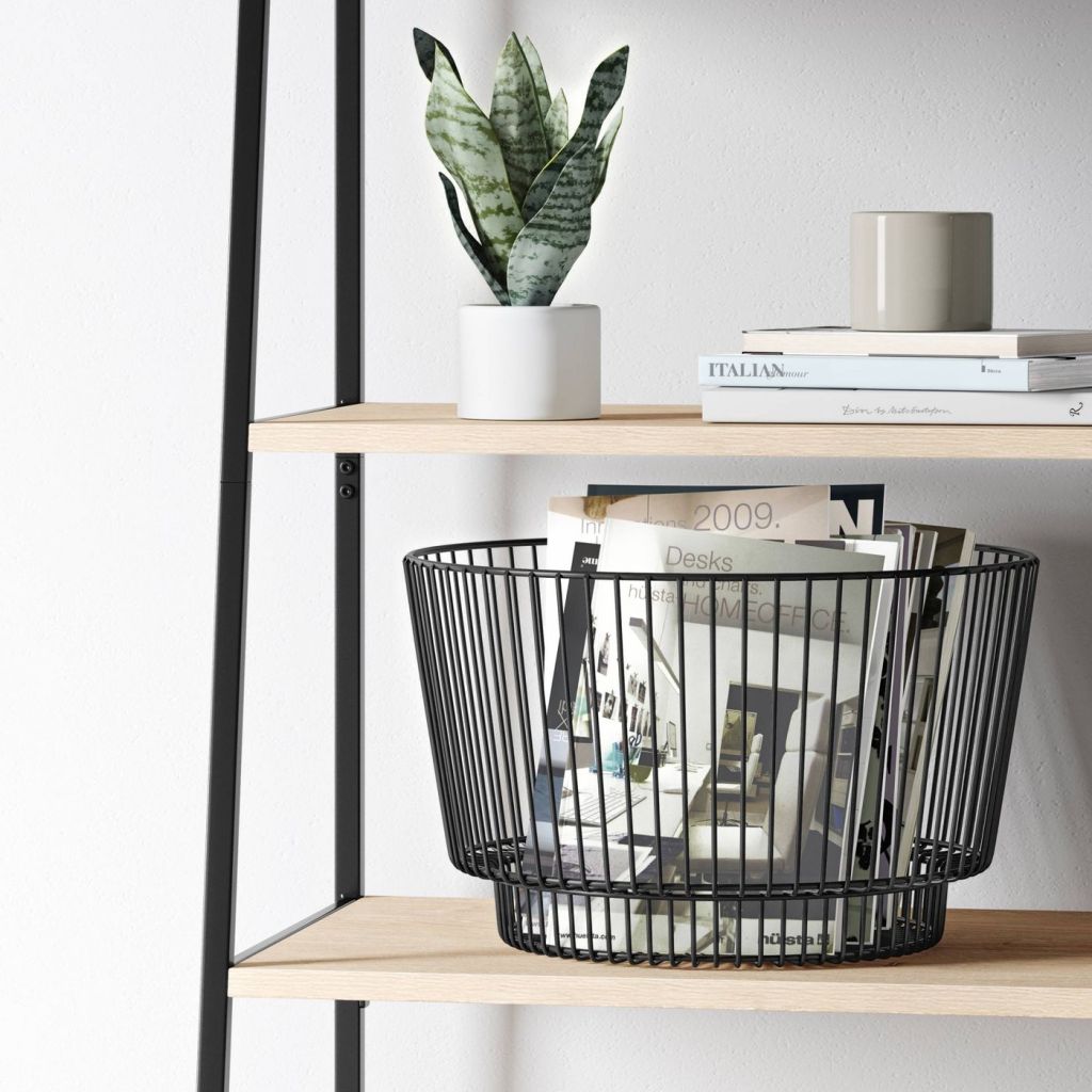 Metal Wire Basket on bookshelf