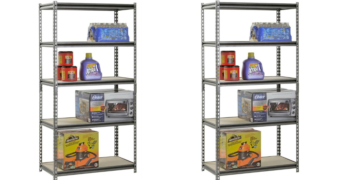 Muscle Rack Shelving units with water bottles, coffee, laundry detergent, toaster over and car vacuum