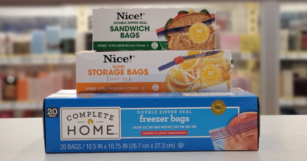 stack of Nice! storage bags