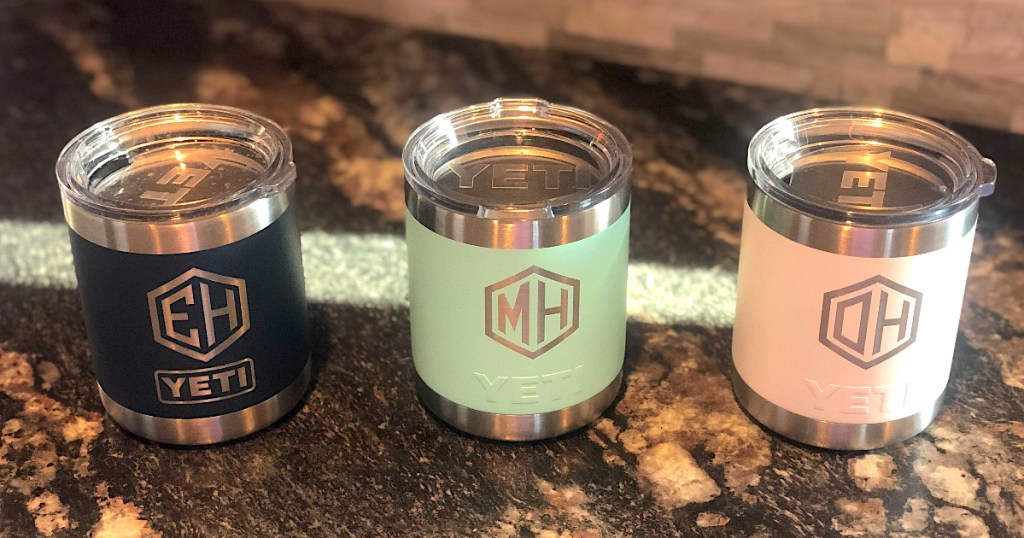 three monogrammed yeti lowballs