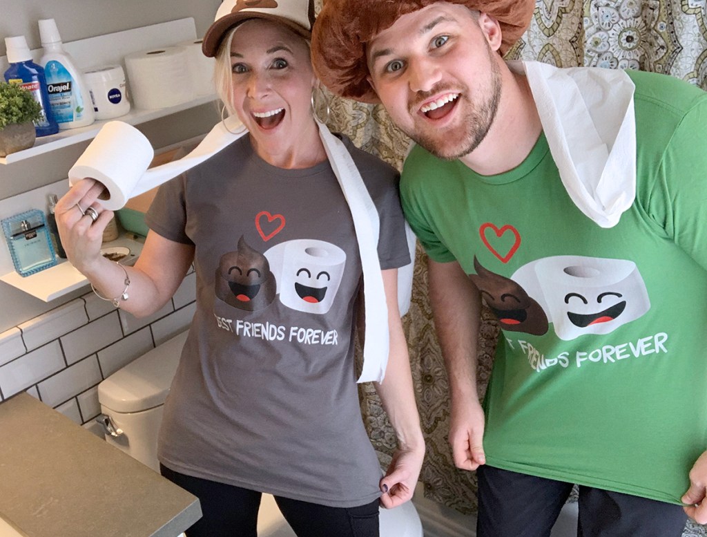 man and woman wearing poop and toilet paper shirts