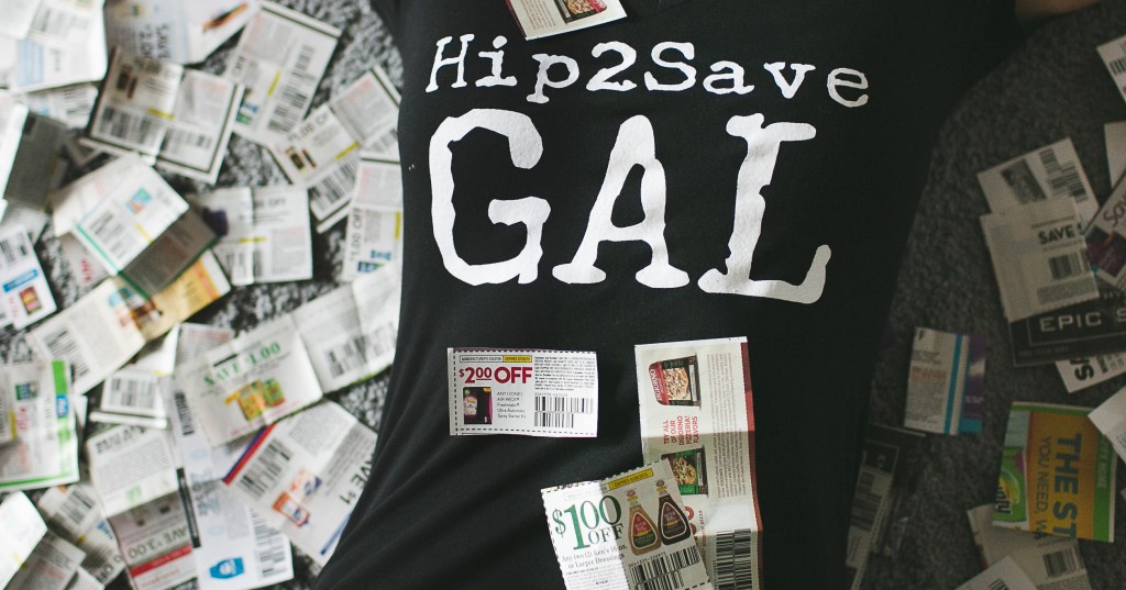 collin wearing hip2save gal t shirt with coupons all around her