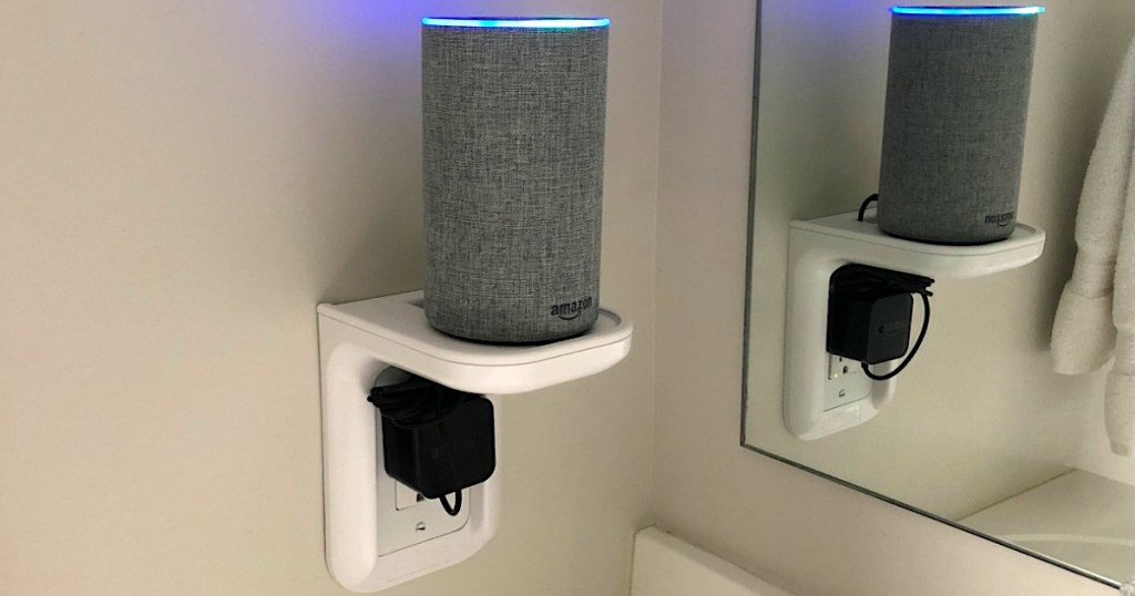 amazon echo on outlet shelf in bathroom