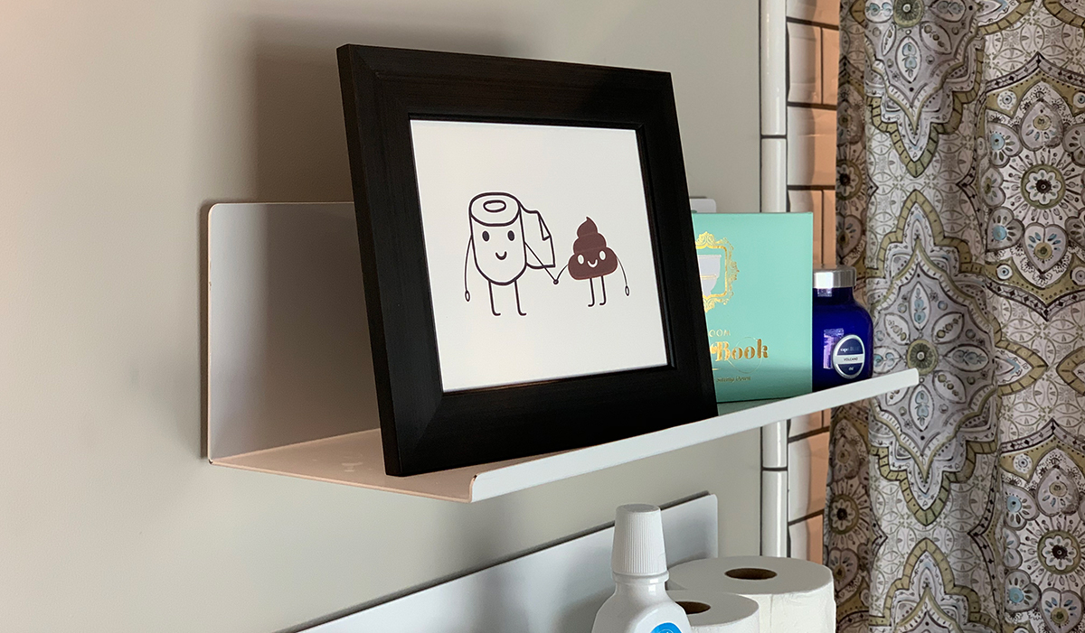 poop artwork on display in bathroom