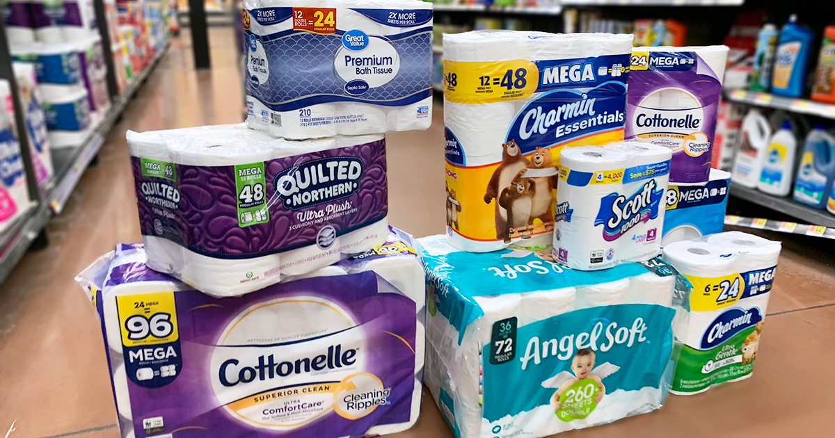 various stacks of toilet paper in aisle