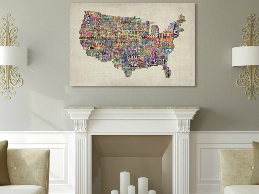 Trademark Art "US Cities Text Map VI" Canvas Wall Art by Michael Tompsett