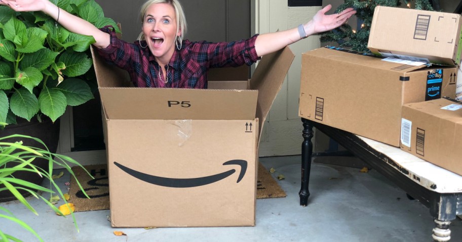 woman in amazon prime box