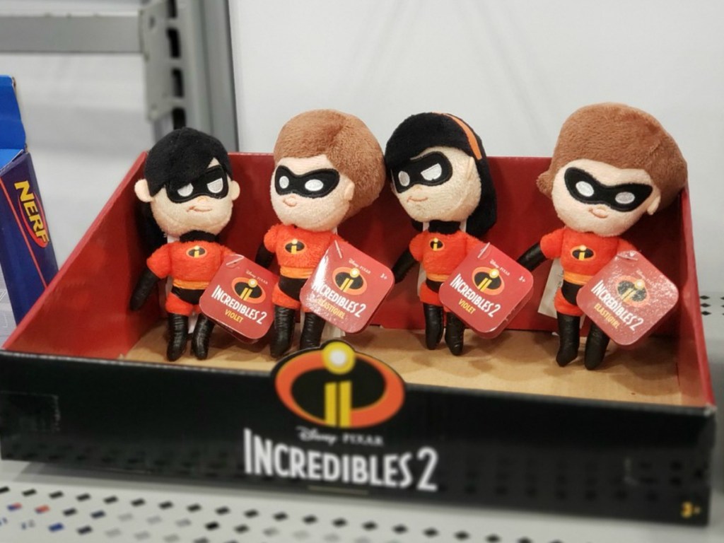 Disney pixar incredibles plushies on store shelf