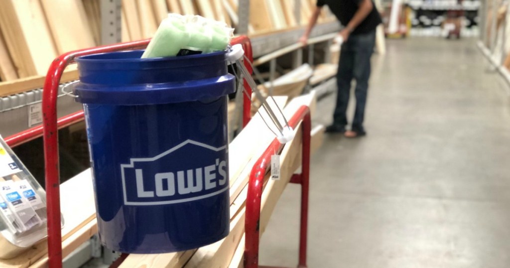 Lowe's bucket on a lowe's cart in-store