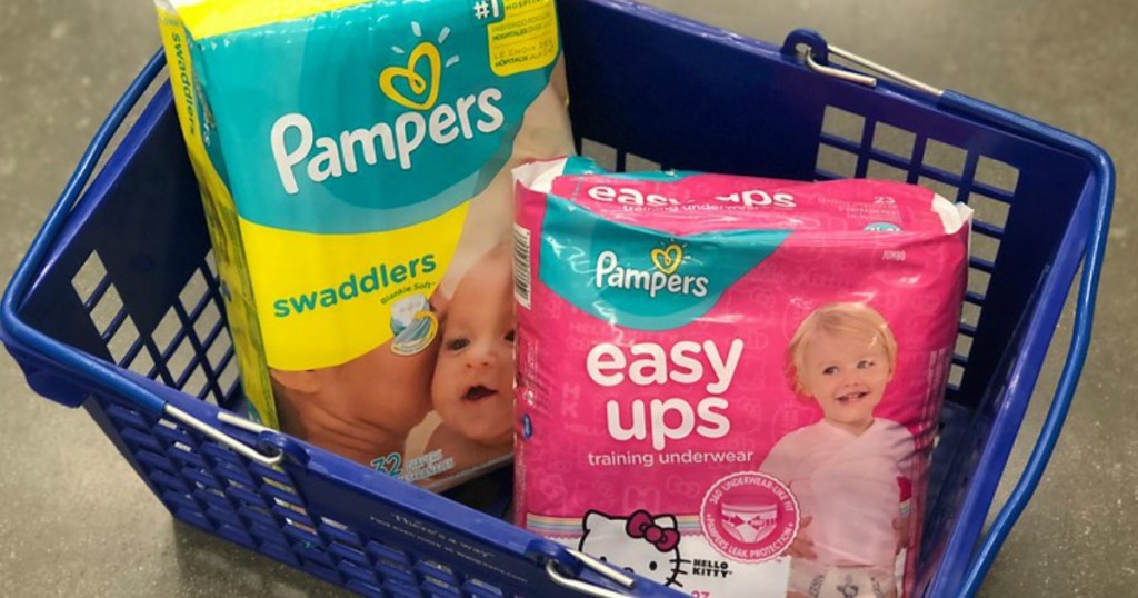 Pampers Swaddlers diapers and Easy Ups in a Walgreens shopping basket