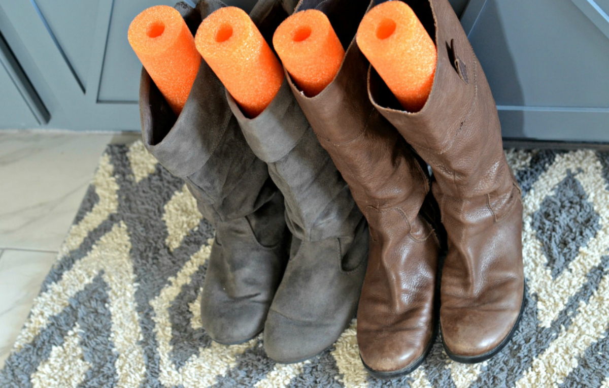 Store boots upright using Dollar Tree pool noodles