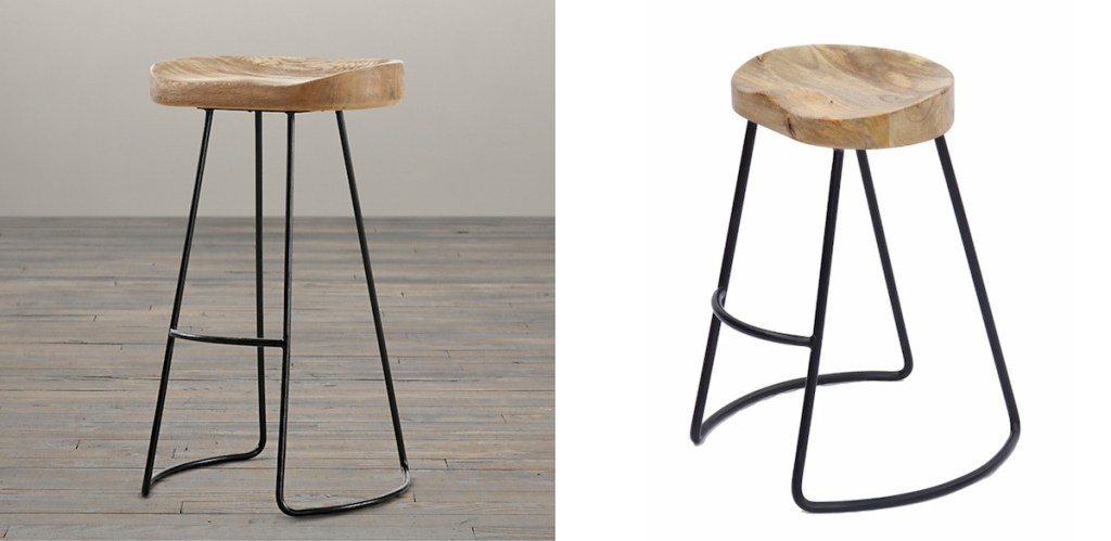 wood barstool side by side pictures with iron base