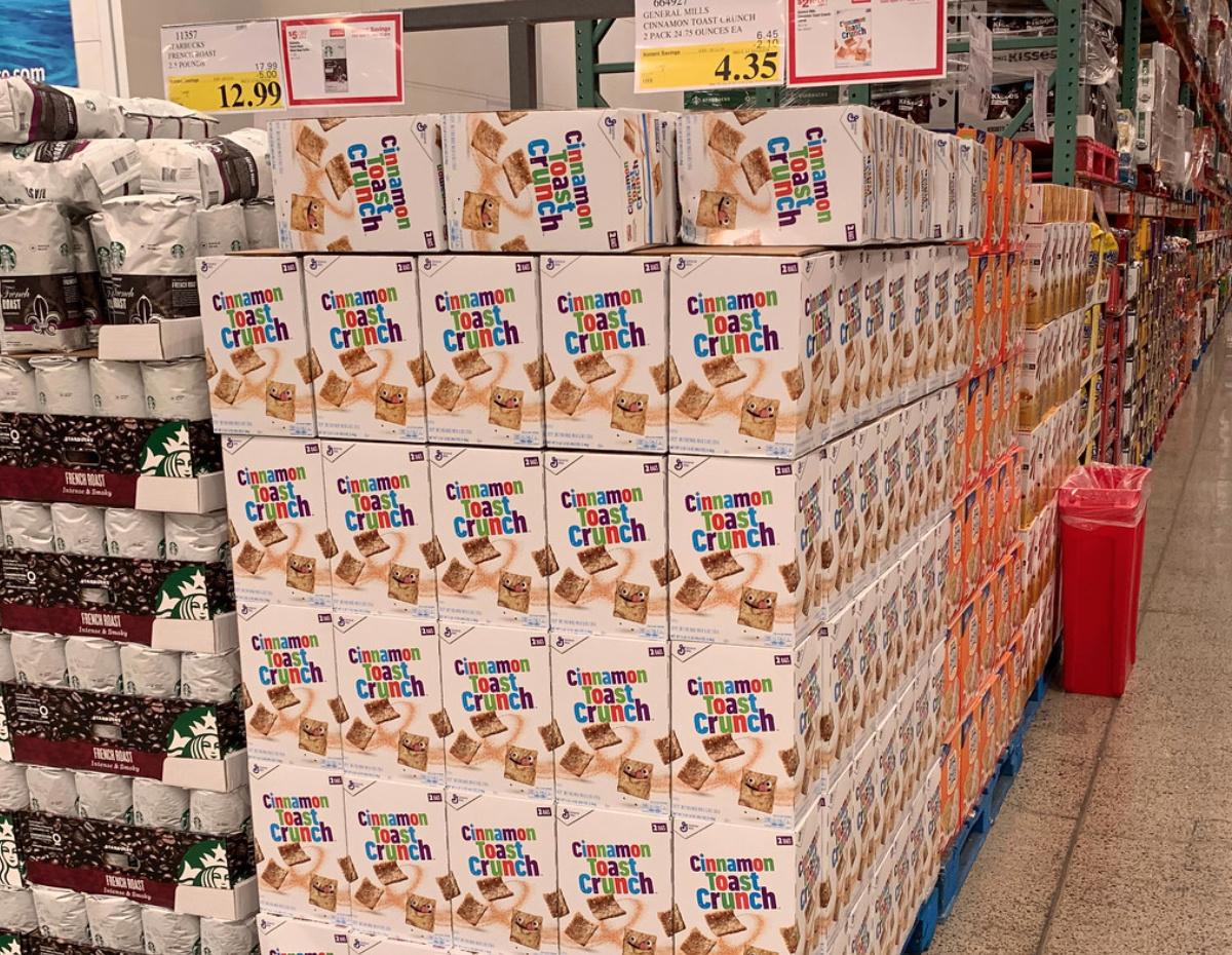 cinnamon toast crunch on an end cap at Costco