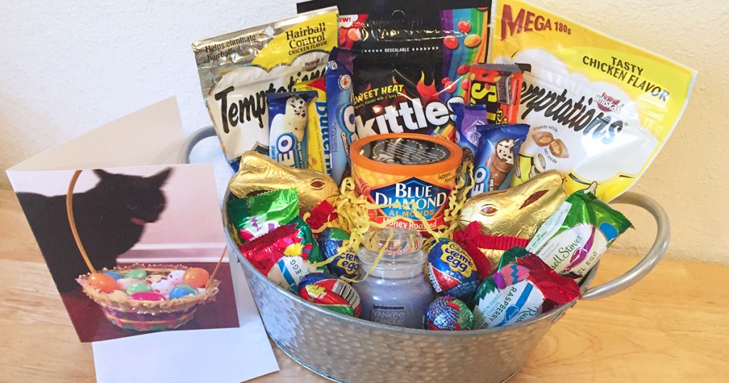 easter basket filled with candy and snacks