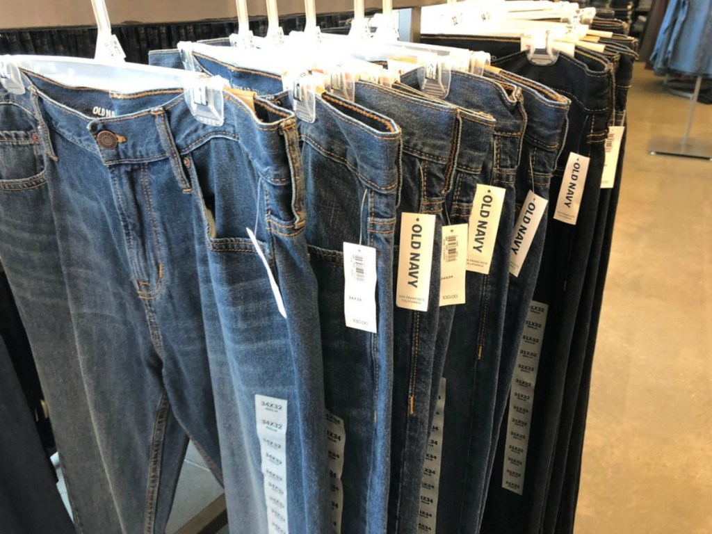 row of Old Navy Men's jeans on hangers