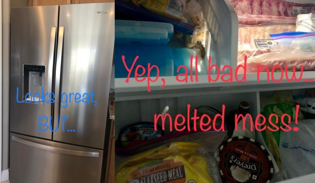 A picture collage of a poorly rated fridge that made food go bad