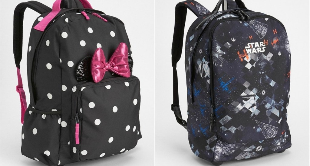 Minnie Mouse rolling backpack with dots and pink bow next to Star Wars black backpack