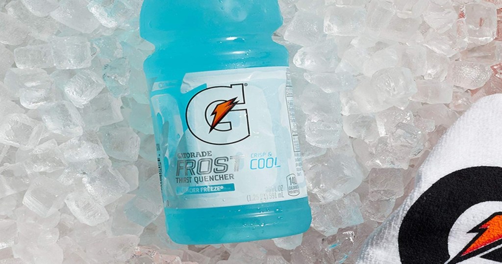 Single bottle of Gatorade Frost laying over ice cubes