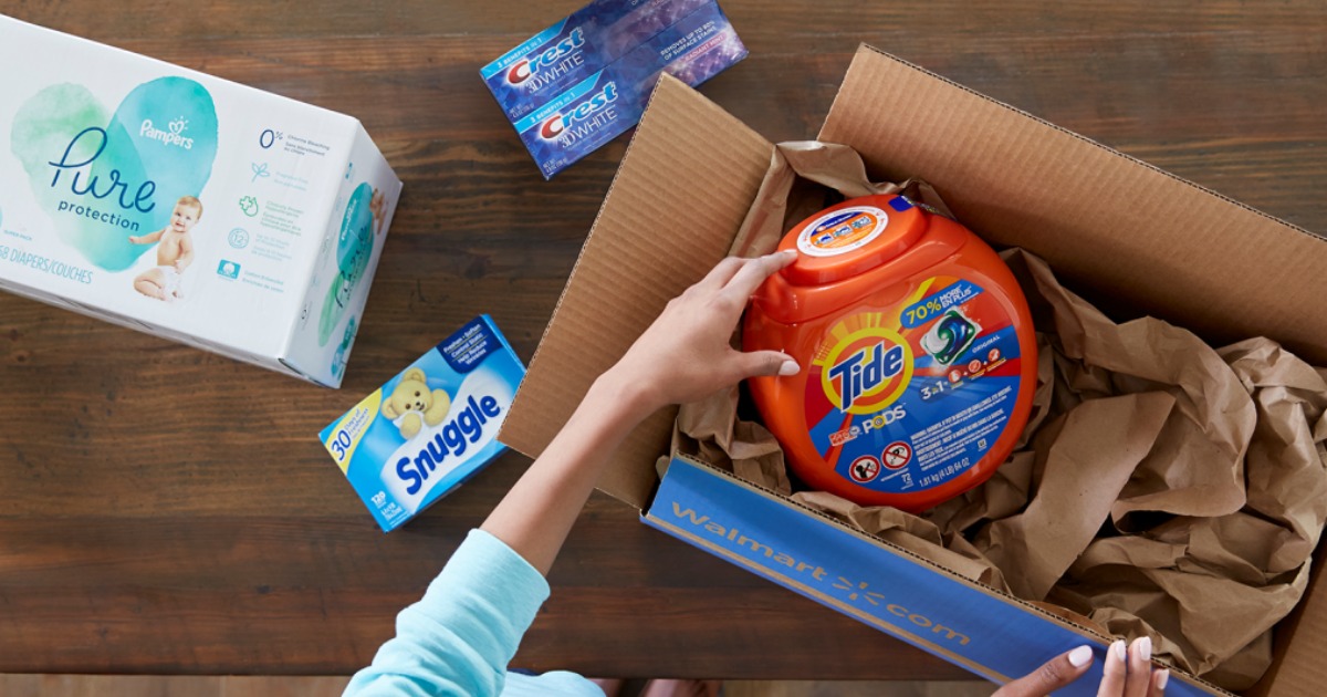 unboxing Tide, Snuggle, and Crest from a Walmart delivery box