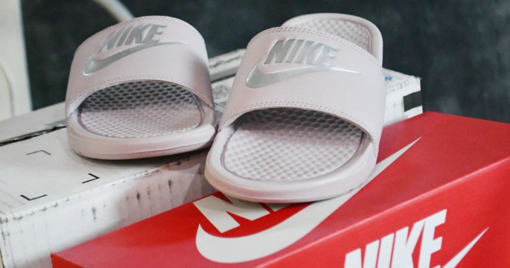 Nike Womens Benassi JDI Slide in Particle Rose/Metallic Silver 9 B (M) Nike Benassi JDI Slide Color: Particle Rose/Metallic Silver