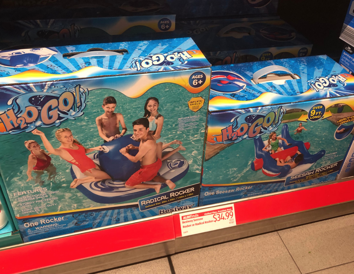 aldi pool floats in boxes on store shelf