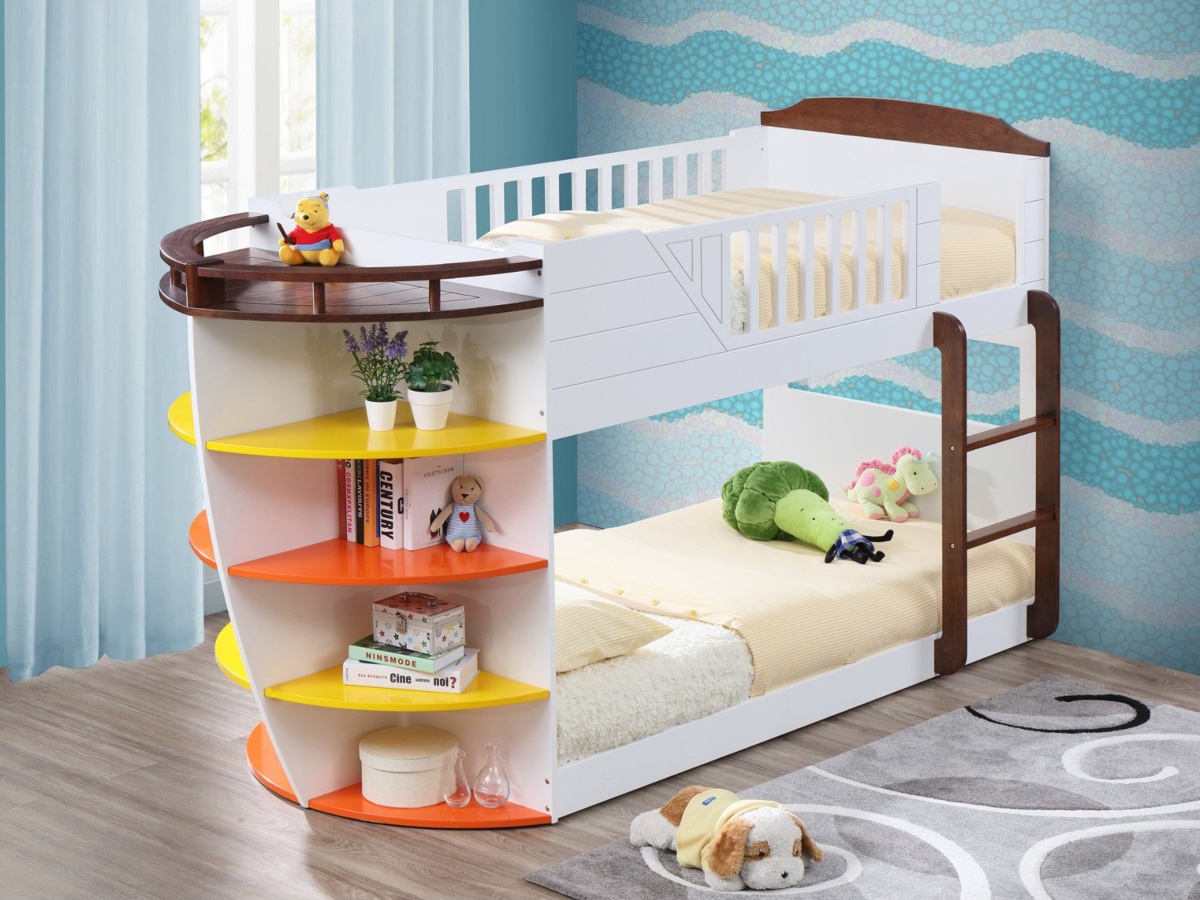 Boat-shaped bunk bed with shelves