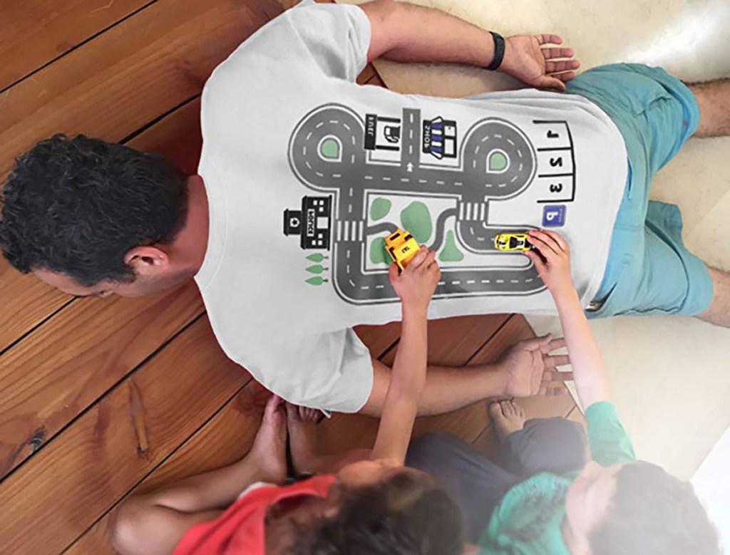 kids using mini cars on car track t shirt