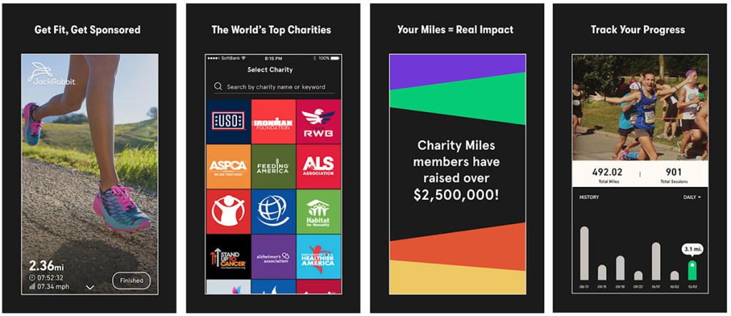 screenshots of charity miles app on android