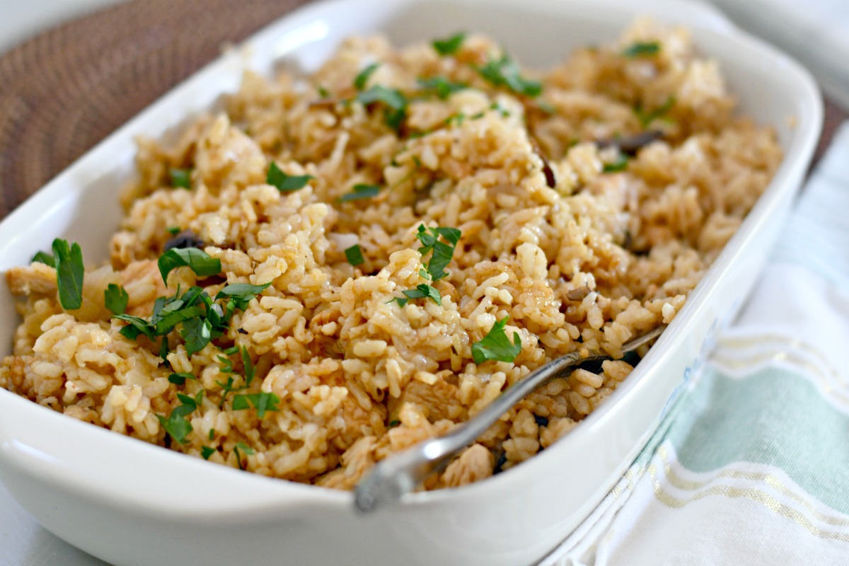 Instant Pot risotto served up in a baking dish for the table 