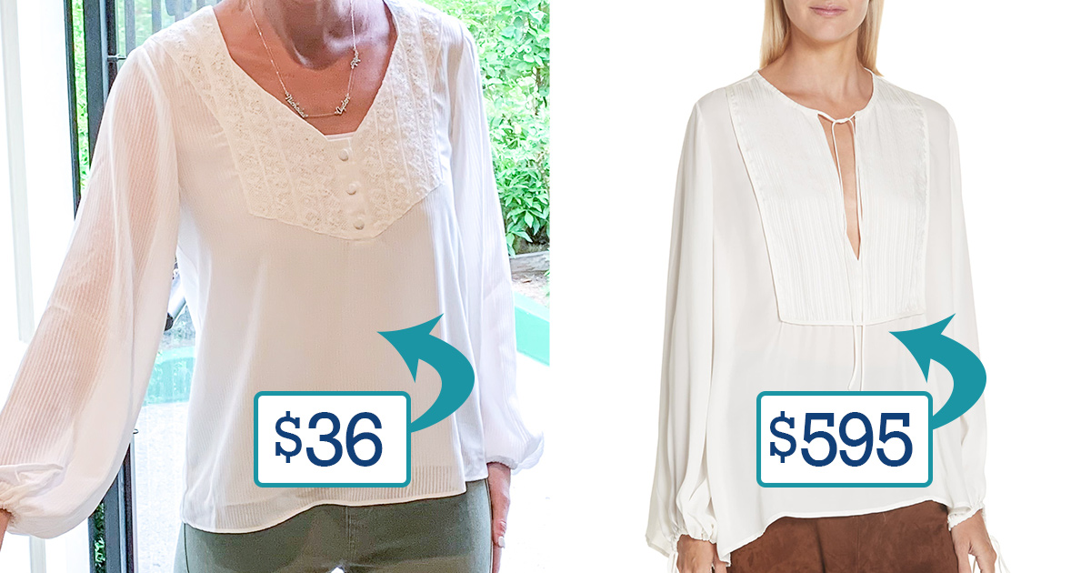 side by side comparison of collin in walmart peasant top compared to designer top