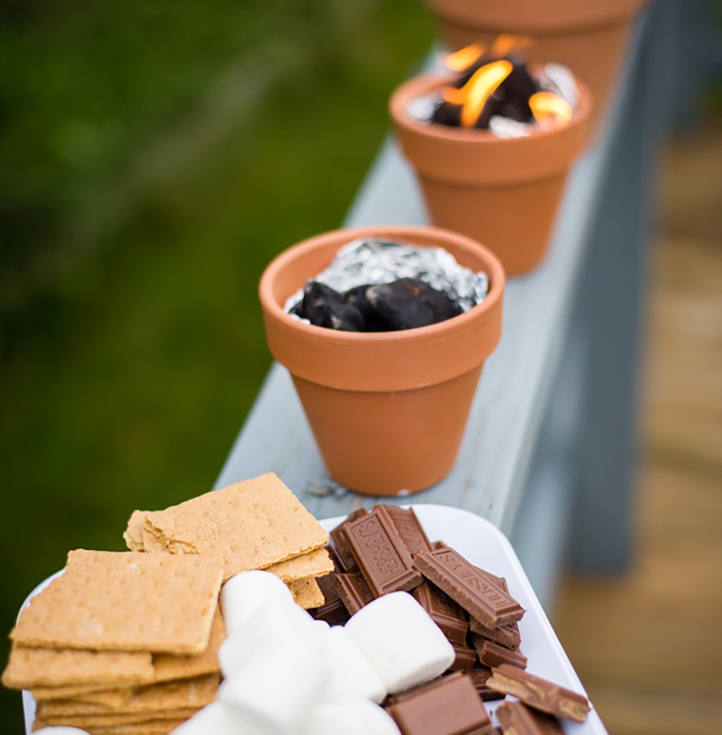 small planters with charcoal for diy mini fire pit
