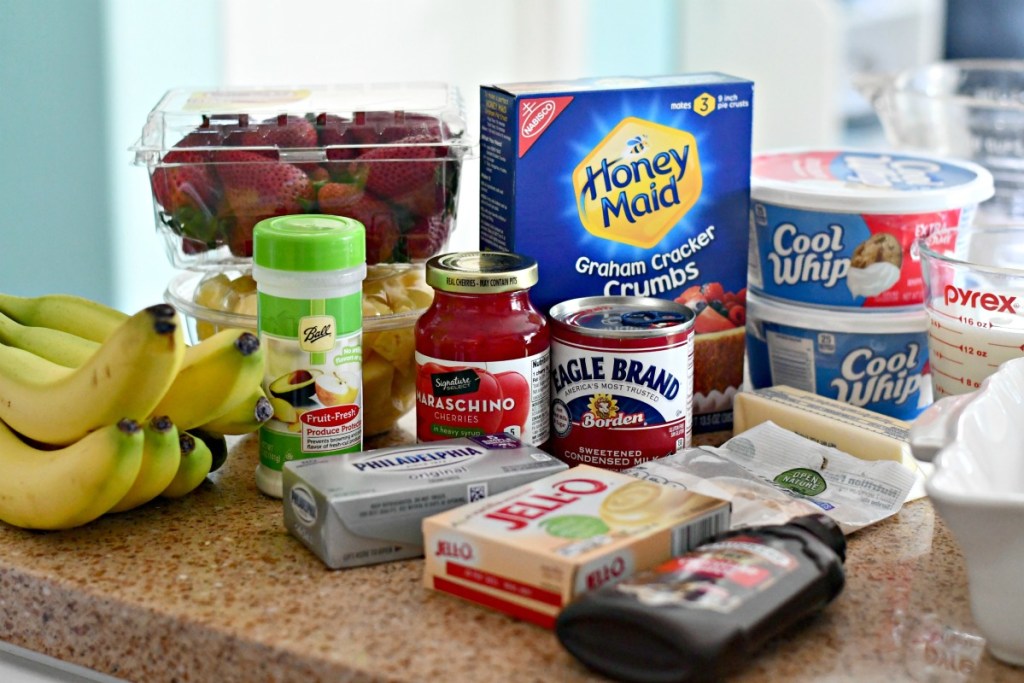 easy ingredients for banana split dessert on the counter 