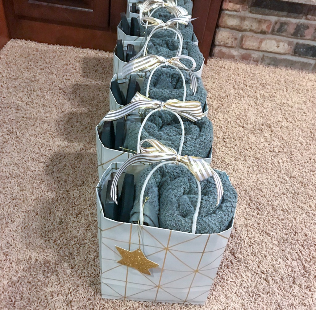 line of assembled graduation gift bags