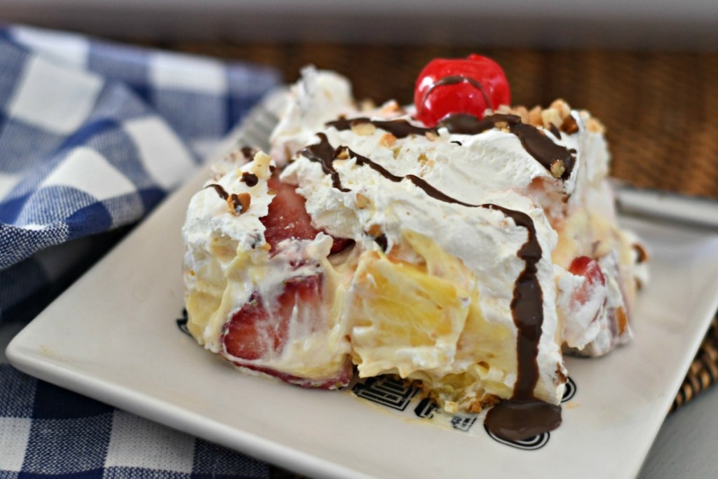 slice of banana split no bake dessert