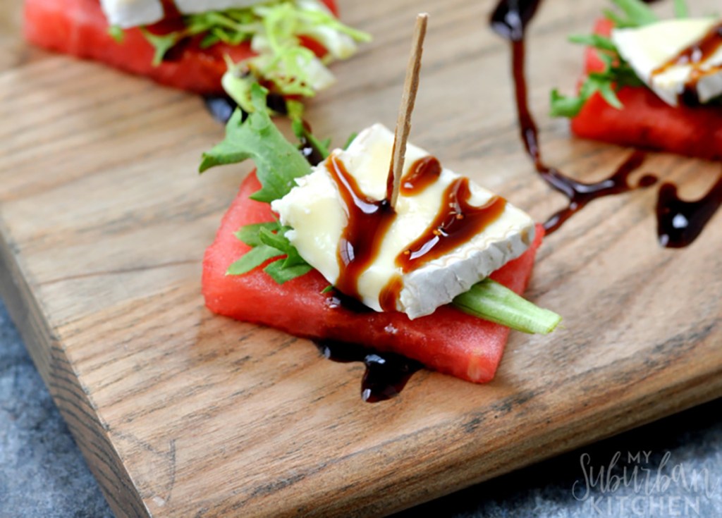 watermelon brie bites on tray