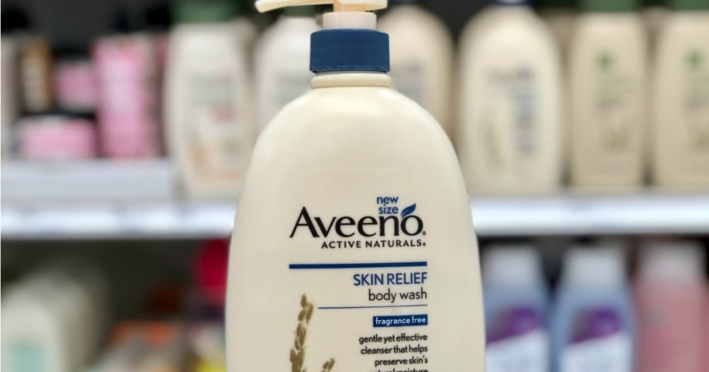 aveeno bottle with blurred background
