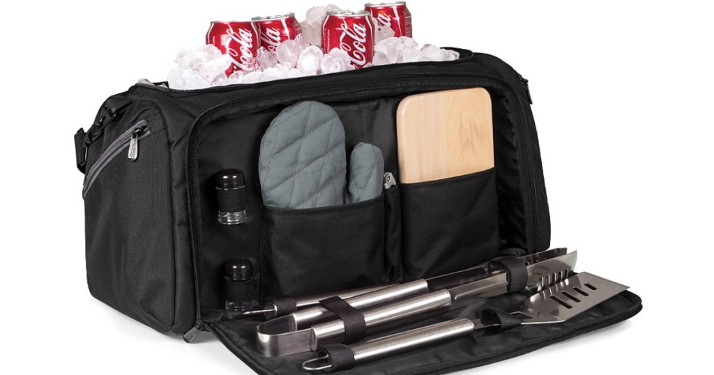 barbecue dufffel loaded with cokes and ice with a front compartment containing barbecue tools