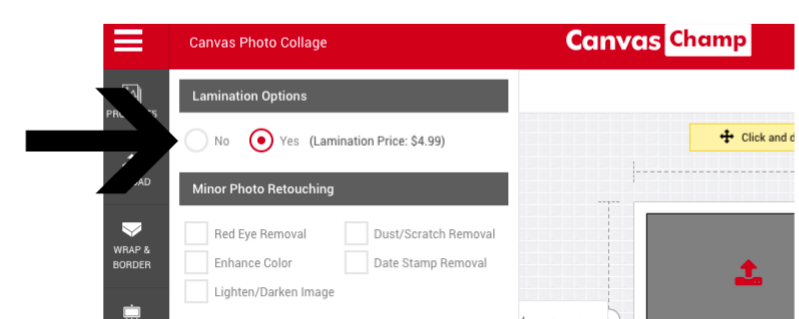 an arrow pointing to "Lamination Options" on the CanvasChamp website