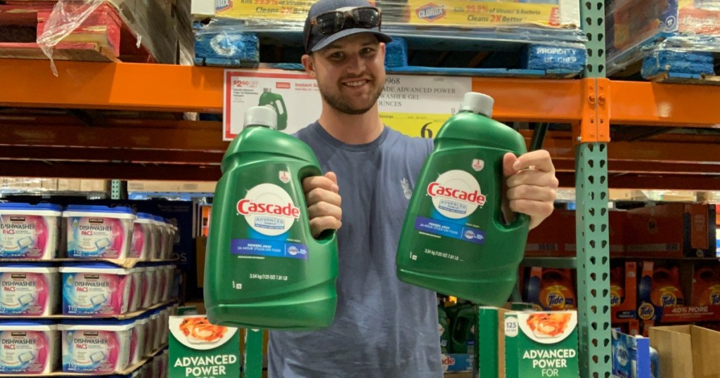 Stetson holding Cascade Liquid Dishwasher Detergent at Costco